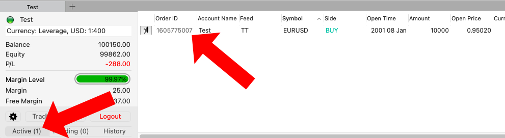 Active trades in Traders Gym