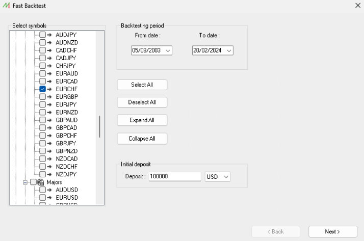 Fast Backtest screen 1