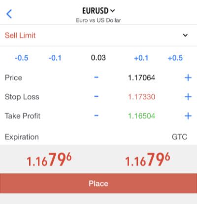 MT5 Android order entry screen