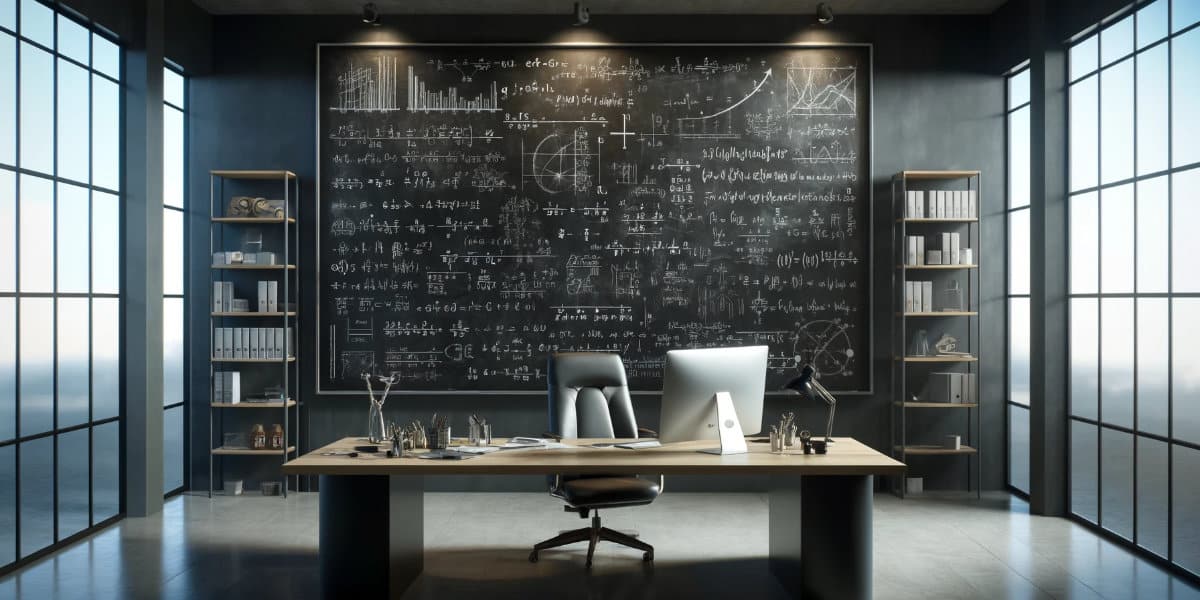 Office with blackboard and math equations