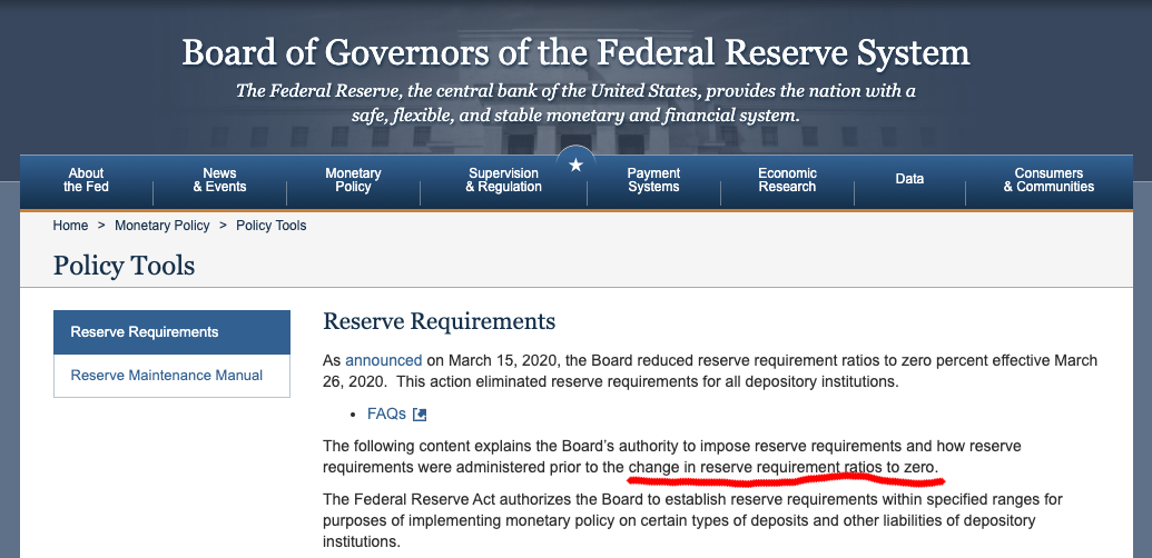 Banking reserve requirements to zero